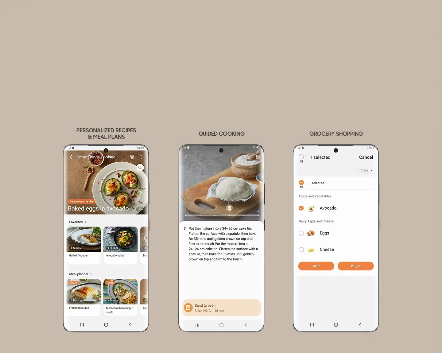 Drei Smartphone-Display-Ansichten aus der SmartThings Cooking App von Samsung