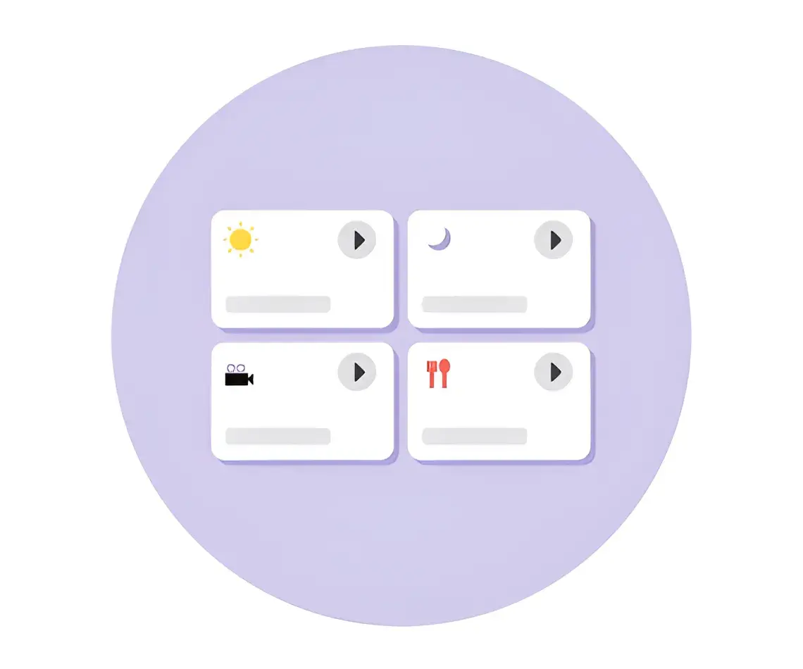 Menü-Ansicht in App mit Einstelloptionen für Tag- und Nacht-Modus, Video und Speisen